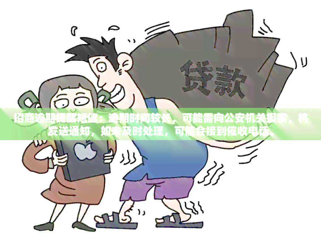 招商逾期提醒短信：逾期时间较长，可能需向公安机关报案，将发送通知，如未及时处理，可能会接到电话。