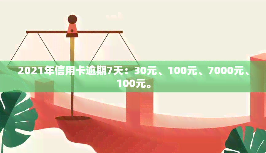 2021年信用卡逾期7天：30元、100元、7000元、100元。