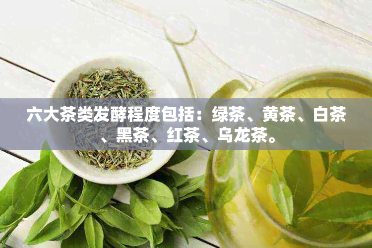 六大茶类发酵程度包括：绿茶、黄茶、白茶、黑茶、红茶、乌龙茶。