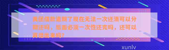 美团借款逾期了现在无法一次还清可以分期还吗，后面必须一次性还完吗，还可以再借出来吗？