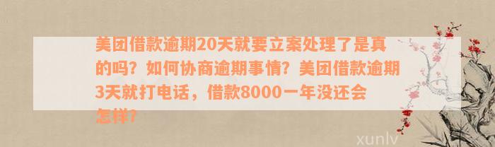 美团借款逾期20天就要立案处理了是真的吗？如何协商逾期事情？美团借款逾期3天就打电话，借款8000一年没还会怎样？