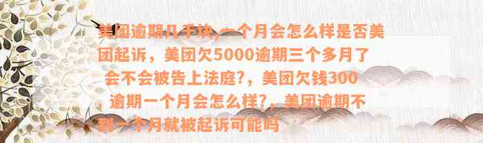 美团逾期几千块,一个月会怎么样是否美团起诉，美团欠5000逾期三个多月了 会不会被告上法庭?，美团欠钱300. 逾期一个月会怎么样?，美团逾期不到一个月就被起诉可能吗