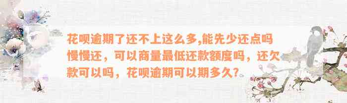 花呗逾期了还不上这么多,能先少还点吗慢慢还，可以商量最低还款额度吗，还欠款可以吗，花呗逾期可以期多久？