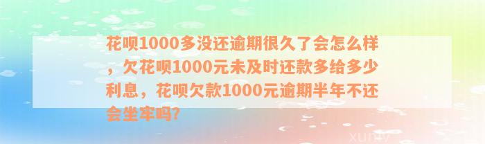 花呗1000多没还逾期很久了会怎么样，欠花呗1000元未及时还款多给多少利息，花呗欠款1000元逾期半年不还会坐牢吗？