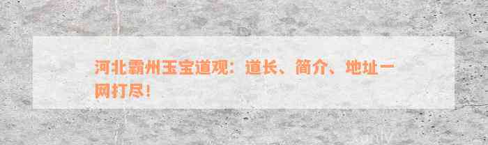 河北霸州玉宝道观：道长、简介、地址一网打尽！