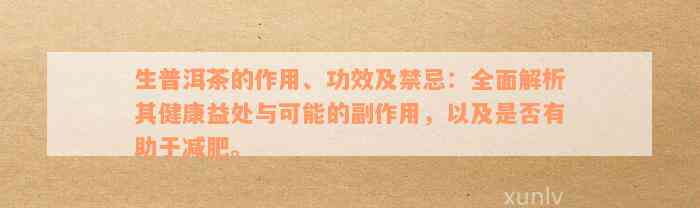 生普洱茶的作用、功效及禁忌：全面解析其健康益处与可能的副作用，以及是否有助于减肥。