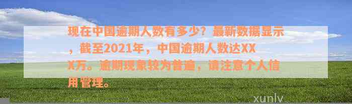 现在中国逾期人数有多少？最新数据显示，截至2021年，中国逾期人数达XXX万。逾期现象较为普遍，请注意个人信用管理。