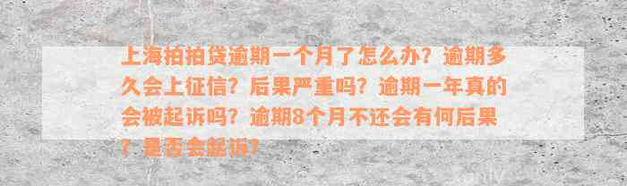 上海拍拍贷逾期一个月了怎么办？逾期多久会上征信？后果严重吗？逾期一年真的会被起诉吗？逾期8个月不还会有何后果？是否会起诉？