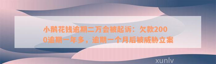 小鹅花钱逾期二万会被起诉：欠款2000逾期一年多，逾期一个月后被威胁立案