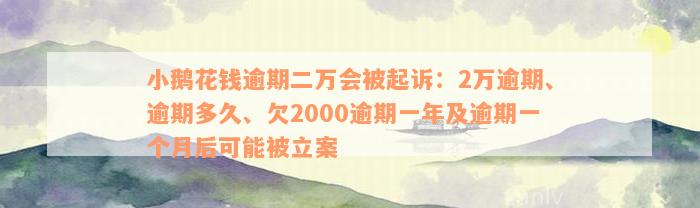 小鹅花钱逾期二万会被起诉：2万逾期、逾期多久、欠2000逾期一年及逾期一个月后可能被立案