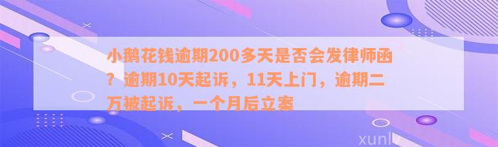 小鹅花钱逾期200多天是否会发律师函？逾期10天起诉，11天上门，逾期二万被起诉，一个月后立案