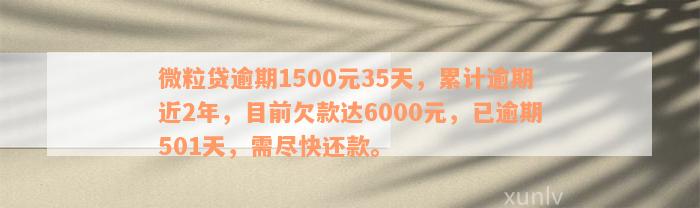 微粒贷逾期1500元35天，累计逾期近2年，目前欠款达6000元，已逾期501天，需尽快还款。