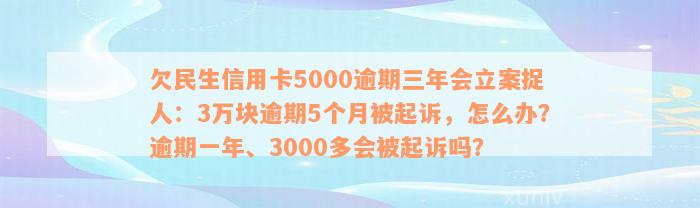 欠民生信用卡5000逾期三年会立案捉人：3万块逾期5个月被起诉，怎么办？逾期一年、3000多会被起诉吗？