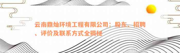 云南鼎灿环境工程有限公司：股东、招聘、评价及联系方式全揭秘