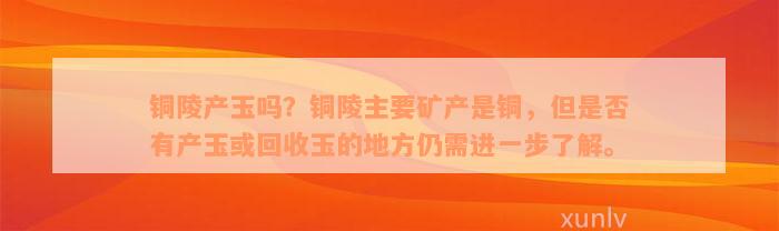 铜陵产玉吗？铜陵主要矿产是铜，但是否有产玉或回收玉的地方仍需进一步了解。