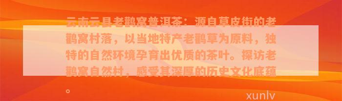 云南云县老鹳窝普洱茶：源自草皮街的老鹳窝村落，以当地特产老鹳草为原料，独特的自然环境孕育出优质的茶叶。探访老鹳窝自然村，感受其深厚的历史文化底蕴。