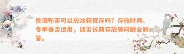 普洱熟茶可以放冰箱保存吗？存放时间、冬季是否适用，能否长期存放等问题全解答。