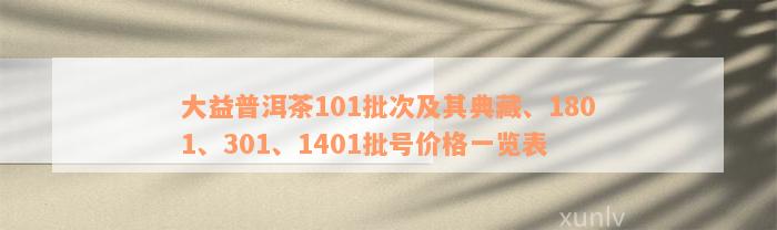 大益普洱茶101批次及其典藏、1801、301、1401批号价格一览表