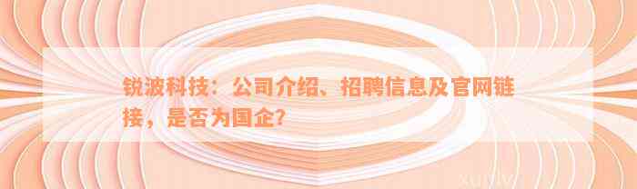 锐波科技：公司介绍、招聘信息及官网链接，是否为国企？