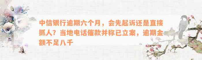 中信银行逾期六个月，会先起诉还是直接抓人？当地电话催款并称已立案，逾期金额不足八千