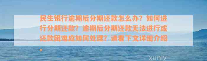 民生银行逾期后分期还款怎么办？如何进行分期还款？逾期后分期还款无法进行或还款困难应如何处理？请看下文详细介绍。