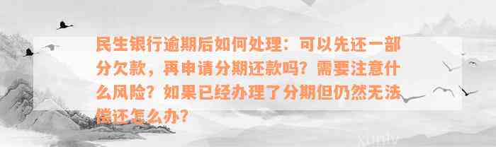 民生银行逾期后如何处理：可以先还一部分欠款，再申请分期还款吗？需要注意什么风险？如果已经办理了分期但仍然无法偿还怎么办？