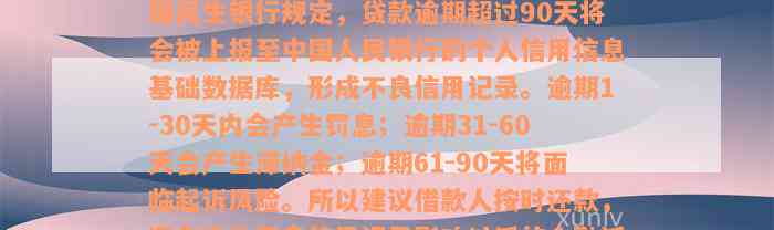 民生贷款逾期多久会上征信？答案是：根据民生银行规定，贷款逾期超过90天将会被上报至中国人民银行的个人信用信息基础数据库，形成不良信用记录。逾期1-30天内会产生罚息；逾期31-60天会产生滞纳金；逾期61-90天将面临起诉风险。所以建议借款人按时还款，避免产生不良信用记录影响以后的金融活动。