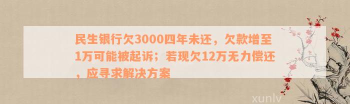 民生银行欠3000四年未还，欠款增至1万可能被起诉；若现欠12万无力偿还，应寻求解决方案