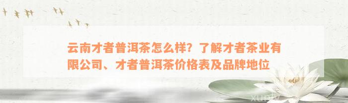 云南才者普洱茶怎么样？了解才者茶业有限公司、才者普洱茶价格表及品牌地位