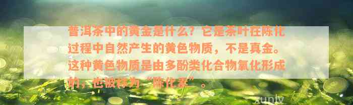 普洱茶中的黄金是什么？它是茶叶在陈化过程中自然产生的黄色物质，不是真金。这种黄色物质是由多酚类化合物氧化形成的，也被称为“陈化素”。