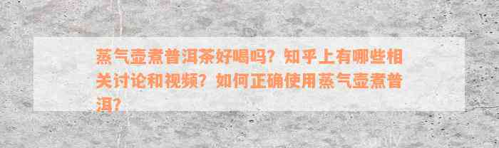 蒸气壶煮普洱茶好喝吗？知乎上有哪些相关讨论和视频？如何正确使用蒸气壶煮普洱？