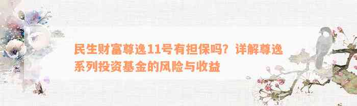 民生财富尊逸11号有担保吗？详解尊逸系列投资基金的风险与收益