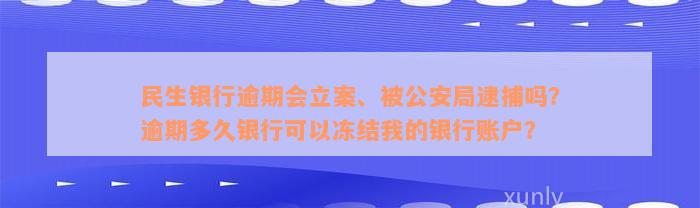 民生银行逾期会立案、被公安局逮捕吗？逾期多久银行可以冻结我的银行账户？