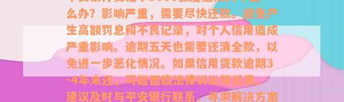 平安银行贷记卡5000额度逾期两年怎么办？影响严重，需要尽快还款。避免产生高额罚息和不良记录，对个人信用造成严重影响。逾期五天也需要还清全款，以免进一步恶化情况。如果信用贷款逾期3-4年未还，可能面临法律诉讼等后果。建议及时与平安银行联系，寻求解决方案，避免进一步扩大损失。