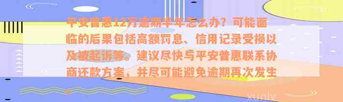 平安普惠12万逾期半年怎么办？可能面临的后果包括高额罚息、信用记录受损以及被起诉等。建议尽快与平安普惠联系协商还款方案，并尽可能避免逾期再次发生。